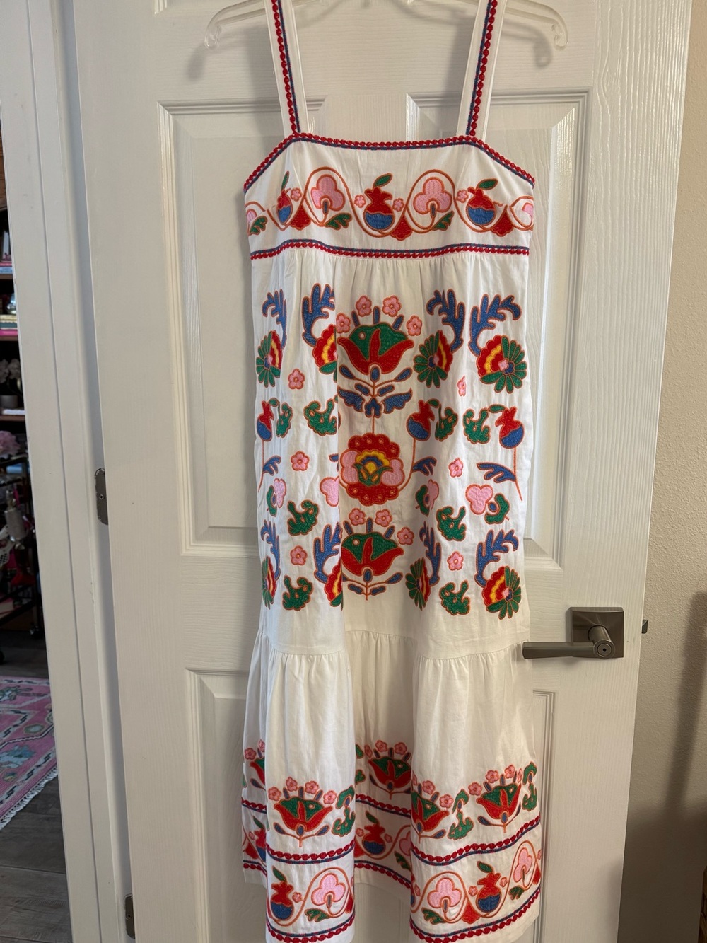 White Embroidered Floral Sundress with Multicolor Motifs